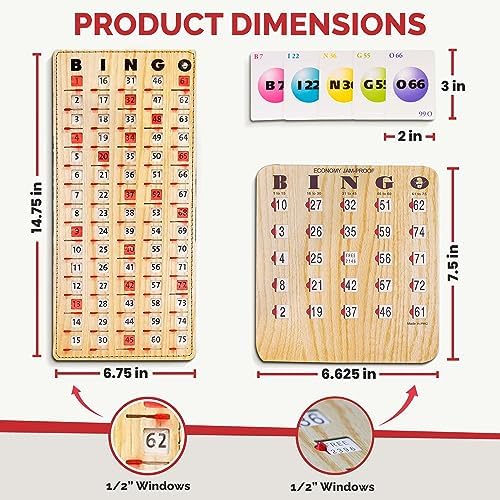 MR CHIPS Jam-Proof Bingo Cards with Sliding Windows, 25 Reusable Shutter Cards, 75 Calling Cards 1 Master Board in Tan Woodgrain Style