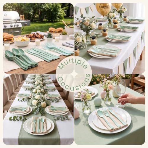 300Pcs Sage Green Plastic Silverware Set, Full Size Disposable for Dinner