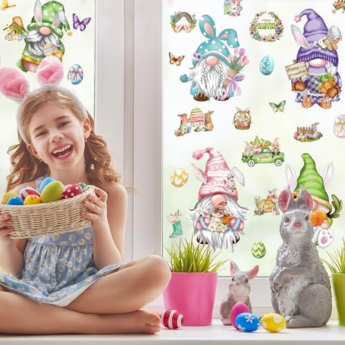 Easter Window Clings 12 Sheets, Spring Easter Gnome Window Decals Stickers