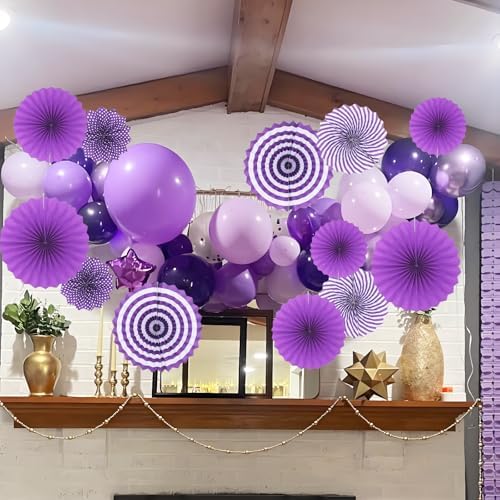 Purple Hanging Paper Fans, 12 Pieces Hanging Party Decorations Round Pattern Paper Garlands for Birthday, Wedding, Thanksgiving Day, Halloween Party