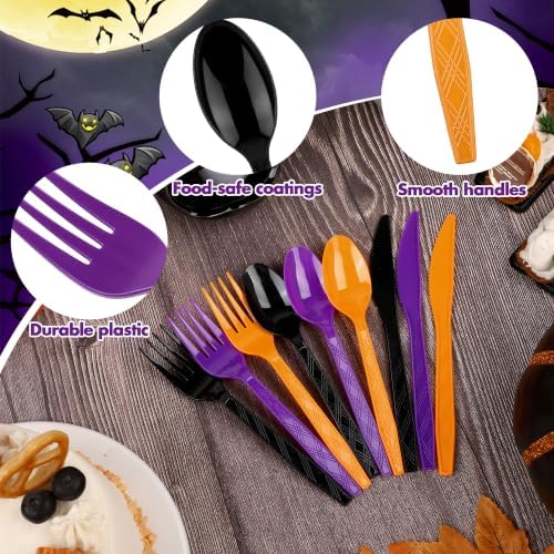 Kochorie 90 Pieces Halloween Plastic Cutlery Set, Black Orange Purple