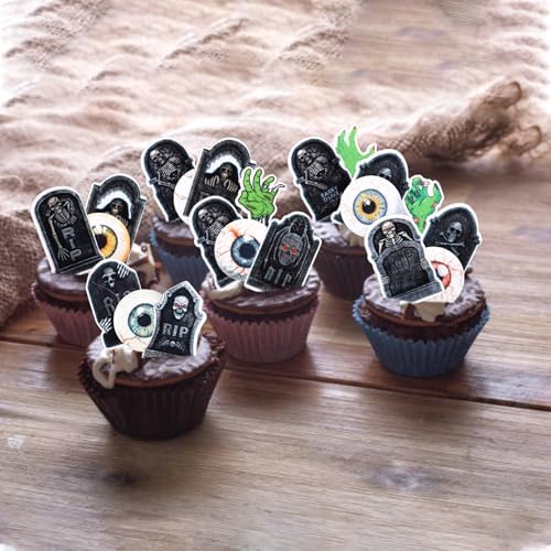 72 PCS Edible Halloween Cupcake Toppers Wafer Paper Skeleton Graveyard Tombstone Cupcake Picks Edible Horror Eyeballs Zombie Hands Cake Decorations for Halloween Theme Birthday Spooky Party Supplies
