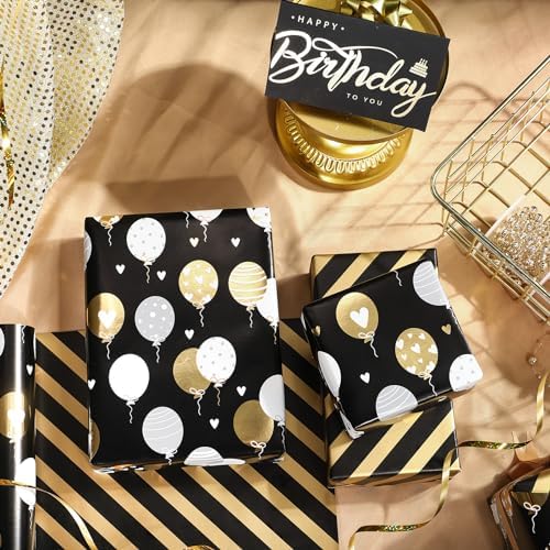 WRAPAHOLIC Reversible Birthday Wrapping Paper Roll - Mini Roll - 17 Inch X 33 Feet - Metallic Black Gold Balloon Design for Birthday, Holiday, Party, Baby Shower