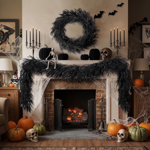 XunYee 6 ft Halloween Black Garland Artificial Norfolk Pine Garland Decor