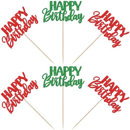 30 PCS Happy Birthday Cupcake Toppers Glitter Happy Birthday Cupcake Picks for Celebrating Anniversary Theme Christmas Party Cake Decorations Supplies Red Green