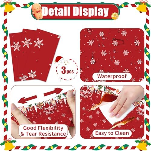 3-Piece 54 x 108 Inch Christmas Plastic Tablecloth – Red Disposable Table Covers with Merry Christmas Lettering, Snowy Houses, Santa, Snowmen, and Xmas Trees for Holiday Winter Parties
