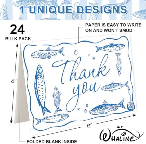 Whaline 24 Pack Sardine Thank You Cards Blue Fish Market Greeting Card with Envelope Sticker Blank Note Card for Summer Coastal Theme Birthday Baby Shower Dinner Party