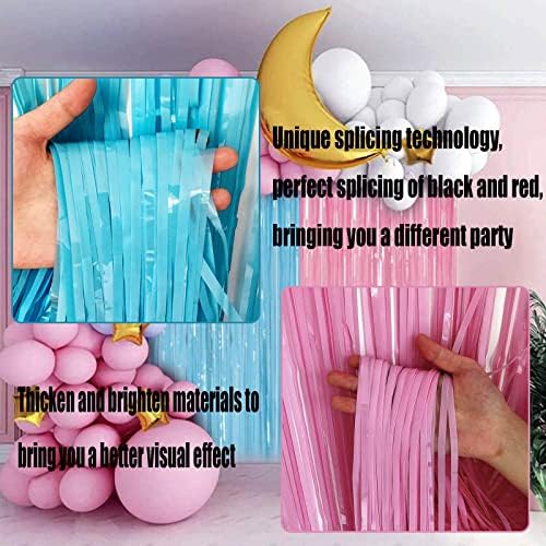 4 Pack Macaron Pink Blue Foil Fringe Curtain Backdrop, 3.28Ft x 8.2Ft Metallic Tinsel Foil Fringe Streamers for Photo Booth, Wedding Gender Reveal Backdrop Boy or Girl Birthday Party Decoration