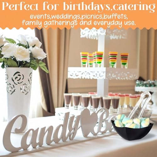FoldTier 16oz 6 Black Plastic Candy Bowls, 4 Scoops and 4 Tongs Set Square Disposable Plastic Buffet Containers for Chip, Snacks Popcorn Candy Buffet Bar Birthday Party Supplies
