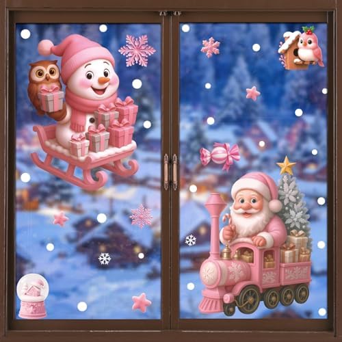Christmas Window Clings Stickers for Glass Snowman Santa Deer Christmas Tree Stickers Pink Double-Sided Static Decals for Winter Window Art Decoration