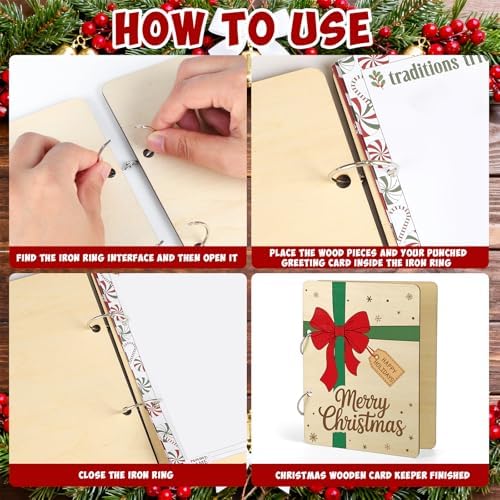 Wooden Christmas Card Keeper Binder Merry Christmas Greeting Card Holder with Rings Xmas Holiday Post Cards Organizer Wood Memories Book for Storage Keepsake Album Photo Notes Gift Winter Past Notes