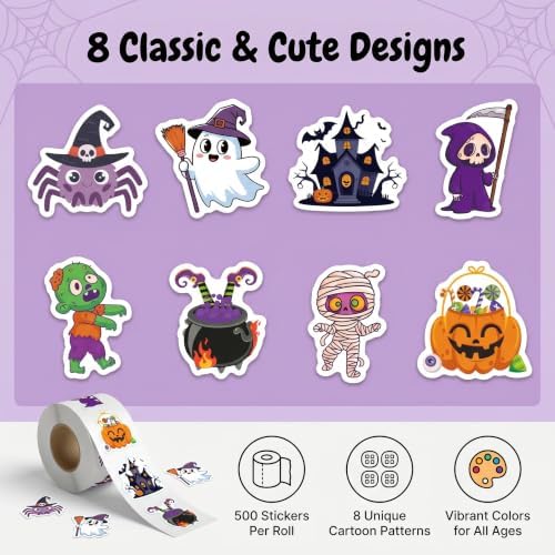 500 PCS Cute Halloween Stickers Roll, 1.5" Die-Cut Cartoon Ghost Pumpkin Zombie Decals, 8 Spooky Self-Adhesive Paper Labels for Teacher Classroom Rewards, Party Favors, Trick or Treat Envelope Seals