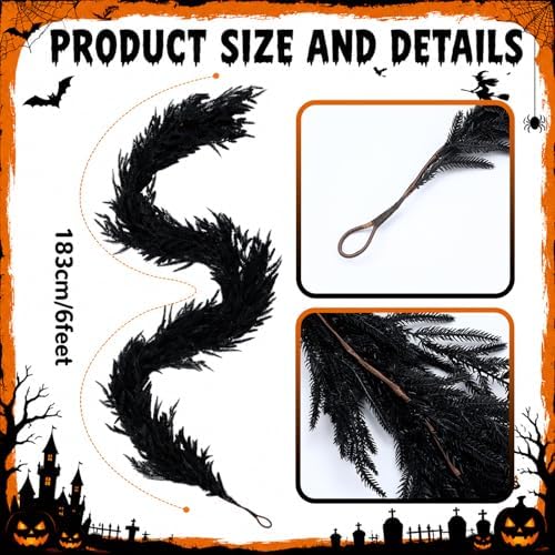 XunYee 6 ft Halloween Black Garland Artificial Norfolk Pine Garland Decor