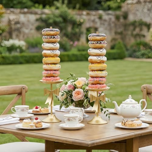 AIM & GGKK Gold Bow Donut Stand, 2 Pieces Metal Donut Display Stand Set for Wedding Birthday Party Dessert Table Decorations, Elegant Gold Bow Design Tower Holder for Donuts Bagels, Party Supplies