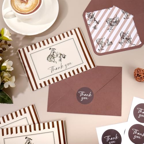JarThenaAMCS 24Pcs Cowboy Thank You Cards with Envelopes Stickers Western Greeting Cards Beige Brown Striped Blank Note Card for Cowboy Birthday Country Party Supplies