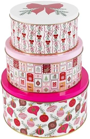 Martha Stewart Metal Cookie Tins, 3-Piece Nesting Set, Small, Medium & Large, Christmas Containers for Gift & Storage (Ornaments and Bows)