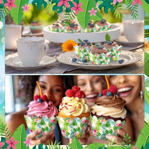 Domensi 100 Pcs Hawaiian Luau Tropical Palm Cupcake Wrappers Rustic Cupcake Liners Green Baking Cups Baking Liners for Summer Birthday Party Supplies Dessert Decoration