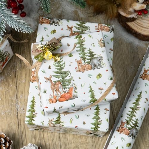 MAYPLUSS Christmas Wrapping Paper Roll - 17 In x 33 Feet - Cute Watercolor Christmas Tree Reindeer Rabbit Squirrel Gift Wrap Paper for New Year, Holiday, Kids