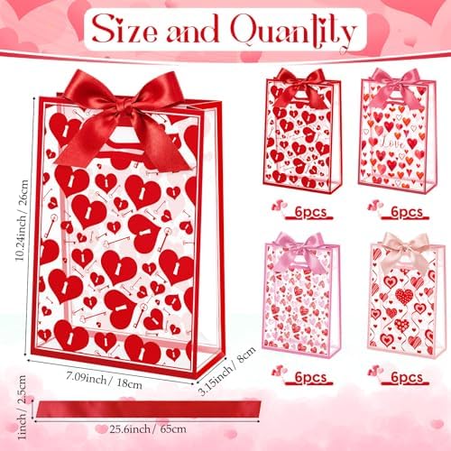 Capoda 24 Pack Gift for Valentine's Day Bags with Handle & Ribbons - Reusable Plastic Heart Favor Bags for Classroom School Party Exchange, Waterproof Goody Treat Totes for Galentine's Wedding Gifts