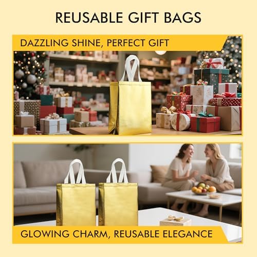 RACETOP Reusable Gold Gift Bags Medium Size 15 Pack with Handles for Party