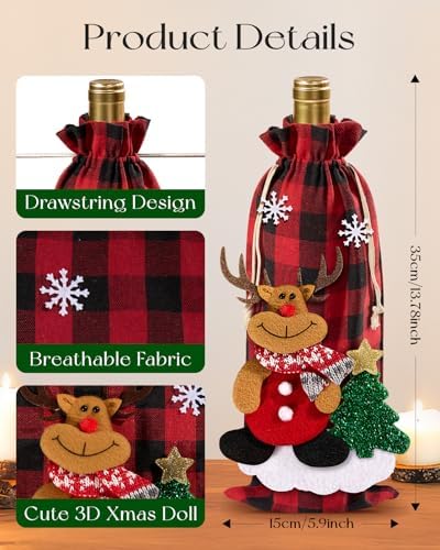 Swooflia Christmas Wine Gift Bags - 4 Pcs Classic Checkered Wine Bottle Bag with 3D Dolls Reusable Xmas Bottle Cloth Wrapping Sleeves with Drawstring Cute Holiday Party Decoration