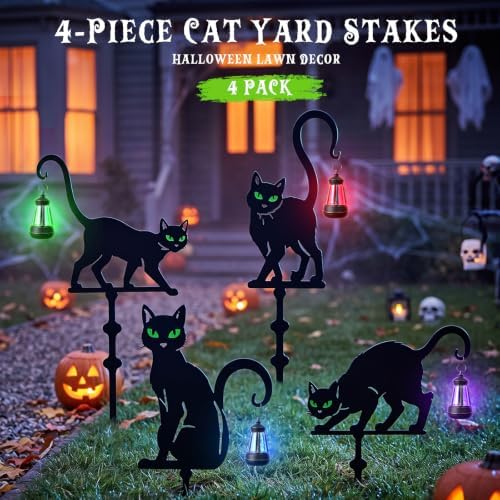Halloween Black Cat Garden Stakes, 4-Pack Solar Lighted Yard Signs