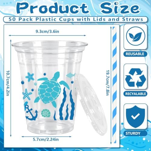 Whaline 50Pcs Summer Ocean Plastic Cups Disposable Cups with Lids Straws 12oz Blue Seaweed Starfish Turtle Clear Plastic Cup for Summer Ocean Party Supplies