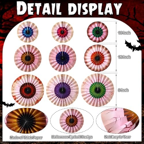Dispowreath 9 Pcs Halloween Fans Decorations Eyeball Hanging Paper Fans