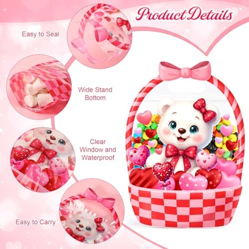Fuutreo 50 Pcs Valentine Goodie Bags Valentine Bear Treat Bags with Handles Resealable Plastic Red Love Gift Pouches for Holiday Candy Wrapping, Party Goodie Supplies Romantic Gift Decor (Bear)