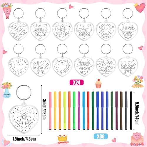 BeYumi Mother's Day Keychains Craft - 24Pcs Color Your Own Acrylic Heart Keychain Bulk DIY Best Mom Key Ring Set for Kids Love U Mom Thankful Coloring Card School Classroom Party Favor Gifts Activity