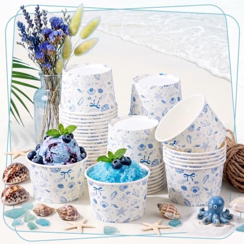 Maxdot 50 Pcs Blue Bow Starfish Seashelle Ice Cream Paper Cups 9oz Ocean Coastal Disposable Snack Cups Paper Dessert Bowls for Yogurt Cupcakes Hot Cold Food Baby Shower Wedding Bridal Party Supplies