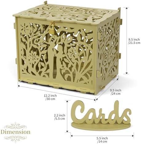 Jolik Bride and Groom Wedding Card Box with Sign, Large Rustic Locking Money Box Holder for Wedding Reception, Gift Card & Envelope Storage, DIY Anniversary & Birthday Party Decoration(Gold)