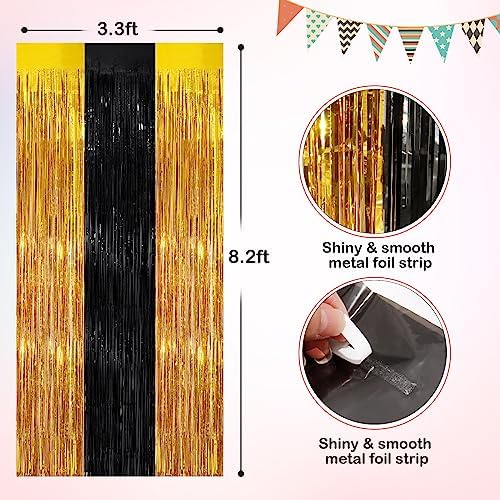 Black Gold Tinsel Backdrop Foil Fringe Curtains, 4 Pack Party Decor