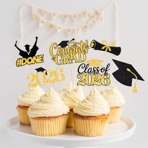 24 Pieces 2026 Graduation Cupcake Toppers and Wrappers, Adjustable Grad Cap Diploma Cake Decorations for Class of 2025 Graduation Party Supplies (Black Gold)