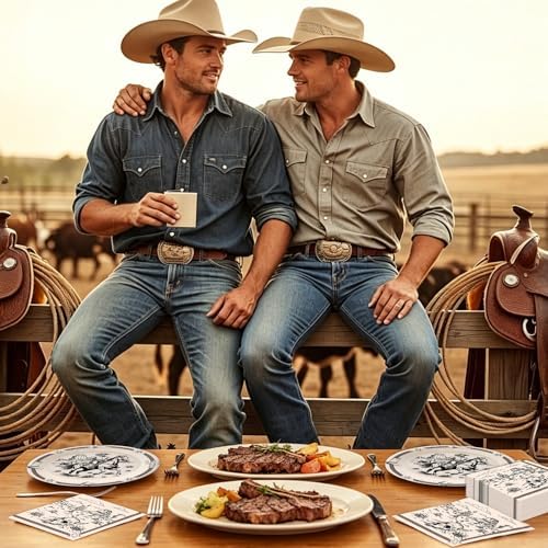 50Pcs Cowboy Plates and Napkins Supplies, Disposable Western Theme Paper Plates Napkins Wild West First Rodeo Tableware Set for Birthday Bachelorette Party Decorations (Cowboy)