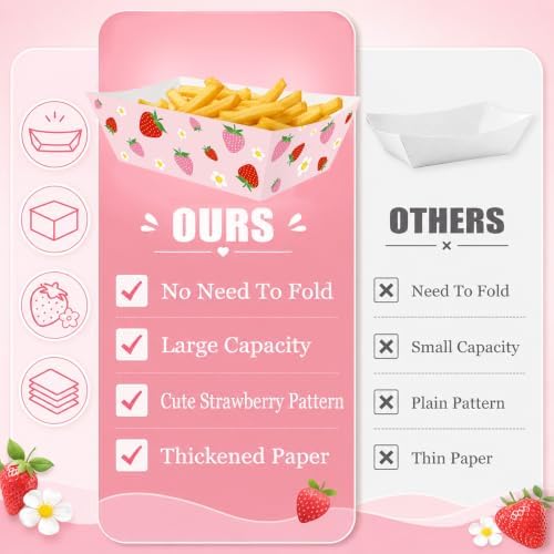 100 Pcs Strawberry Paper Food Trays, Pre-Folded Disposable Food Boats for Cookies, Cupcakes, Popcorn, Candy, Snacks, Strawberry Birthday, Baby Shower, Bridal Shower Party Supplies