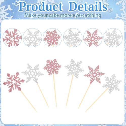 Snowflake Cupcake Toppers, 24PCS Glitter Winter Frozen Cupcake Picks Cake Decorations, Pink and Silver Snowflake Food Picks Topper for Christmas Winter Wonderland Baby Shower Party Decoration Supplies
