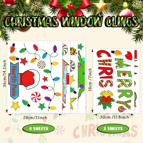 JarThenaAMCS Christmas Window Clings Decorations Extra Large Double-Sided Reusable Decals Rustic Curved Christmas Tree Arrow Yard Sign Stickers for Xmas Winter Home Office Party Glass Decor, 6 Sheets
