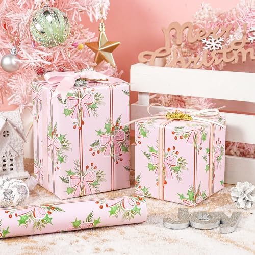 LeZakaa Christmas Wrapping Paper Roll, Pink Red Bow Berry Green Solid Color Design Holiday Gift Wrap for Kids Girls Women, Watercolor Style for Christmas Party Present, Mini Roll 17" x 16.4 ft