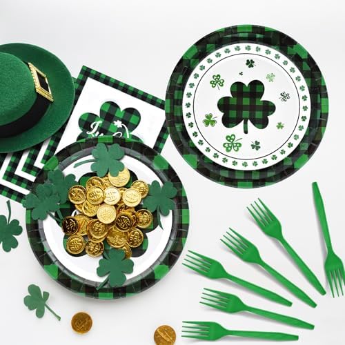 96 Pieces St. Patrick’s Day Tableware Set – Green and Black Plaid Shamrock Disposable Plates, Napkins, and Forks for Irish Party, Lucky Clover Celebration St. Paddy’s Day Dinner – Serves 24 Guests