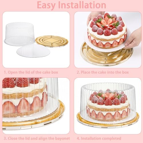 Fasmov 5 Pack Disposable Plastic Cake Containers with Carrier Holder, 10 Inch Round Bundt Cake Boxes Clear Cupcake Holder for 1-2 Layer Cheesecake, Desserts, Bundt Cake Pie Bakery Supplies