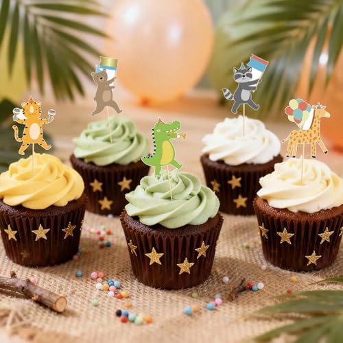 Hooqict 40Pcs Safari Cupcake Toppers Animal Birthday Party Cake Decorations Animal Parade Cupcake Toppers for Kids Jungle Theme Baby Shower Zoo Wild Birthday Party Decorations Supplies