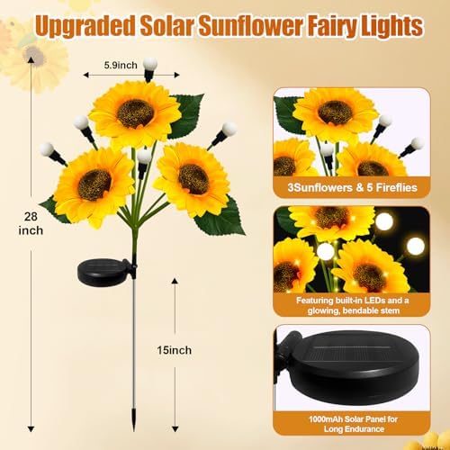 Sunflower Solar Lights Outdoor, 4 Pack Sunflowers with Firefly Lights, Waterproof Solar Flower Lights with 1000mAh Battery for Patio Porch Lawn, Gifts for Mom Women Grandma, Yard Decorations Outdoor