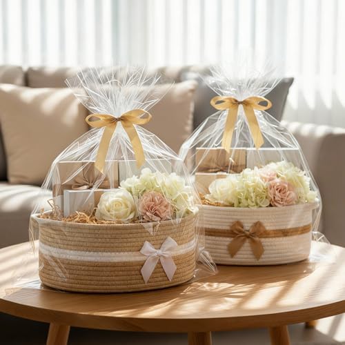 Colingmill 2 Pack Small Woven Gift Basket Empty with Wrap, Khaki and White