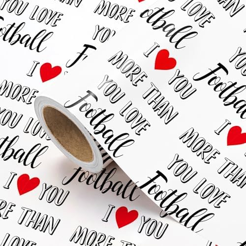 WRAPAHOLIC Funny Valentines Day Wrapping Paper Roll - Mini Roll - 17 Inch x 16.5 Feet - I Love You More Than Football Wrapping Paper for Valentine's Day, Anniversary, Sports Lover, Boyfriend