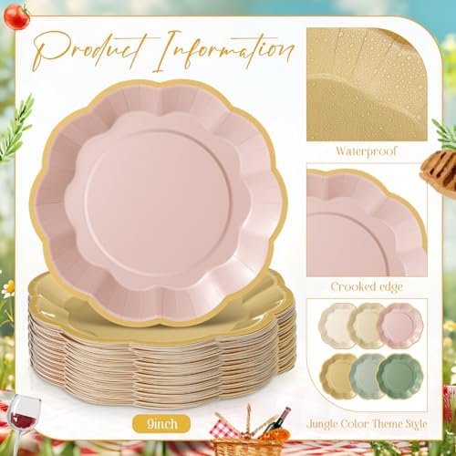 72 Pcs Pink and Green Paper Plates 9 Inch Disposable