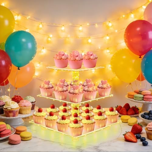YestBuy 3 Tier Cupcake Stand with Yellow LED String Light for 24 Cupcakes