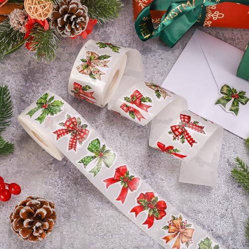 Whaline 1000 Pcs Christmas Bow Stickers Roll Xmas Holly Berry Bowknot Self-Adhesive Decals for Scrapbook Journal Envelope Holiday Decor, 12 Designs