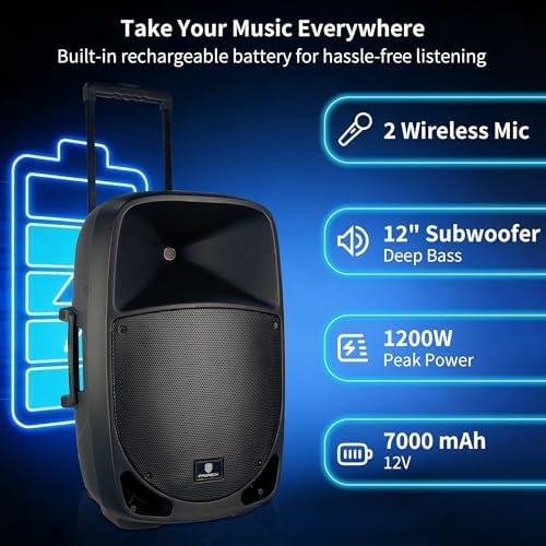 PRORECK Portable 12 Inch 1200W Powered PA/DJ Speaker System with Rechargeable Battery, 2 Wireless Mics, Bluetooth, USB, SD, FM Radio, Remote, Speaker Stand for Parties, Karaoke, speeches, Outdoor