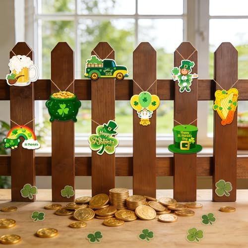 36PCS Wooden St. Patrick's Day Ornaments to Paint Shamrock Cutout Decorations,12 Styles DIY Blank Unfinished Wood Shamrock Cutouts Ornament for Tree Home Crafts Hanging, Hat Beer Gifts Indoor Spring